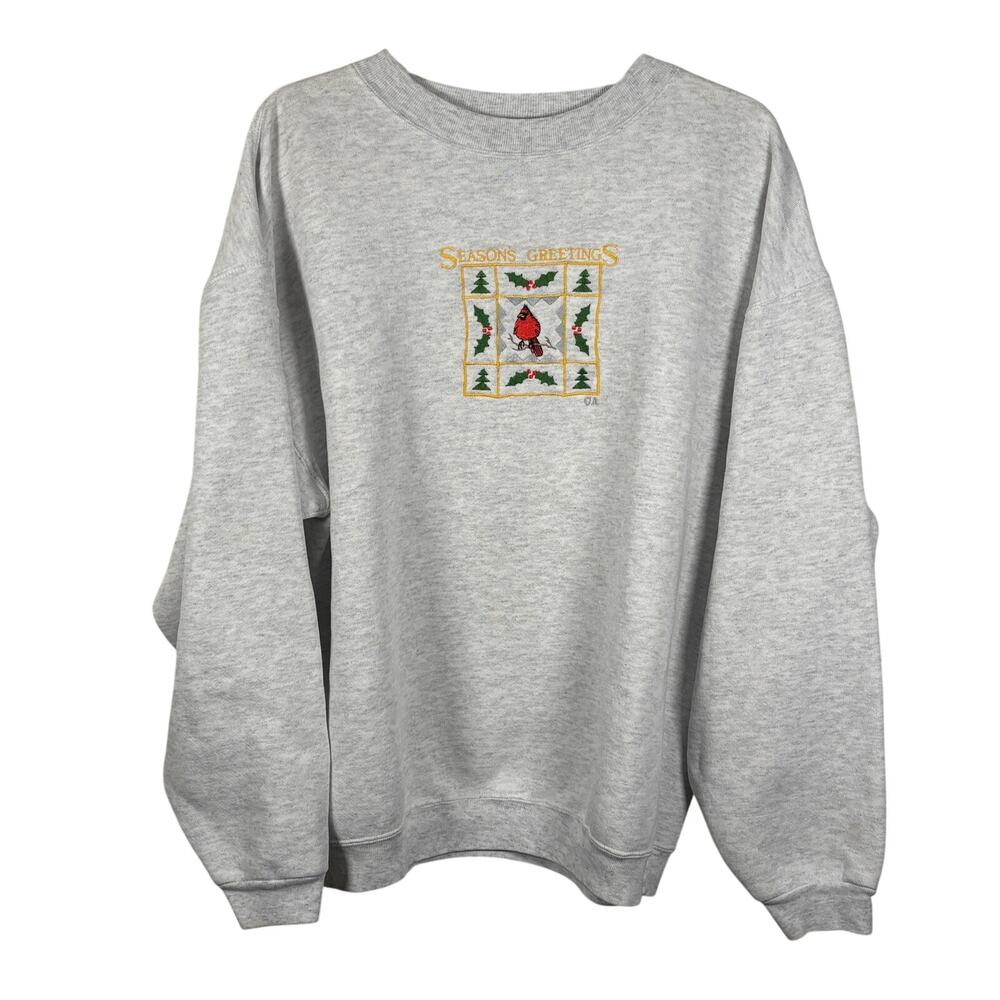 Vintage H.L.Miller Seasons Greetings Sweatshirt Large Gray Christmas Made in USA